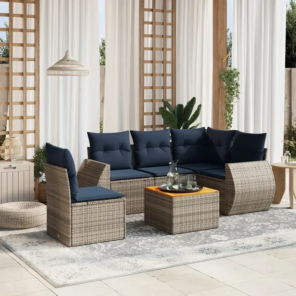 Ensemble de canapé de jardin 6 pcs avec coussins gris résine tressée