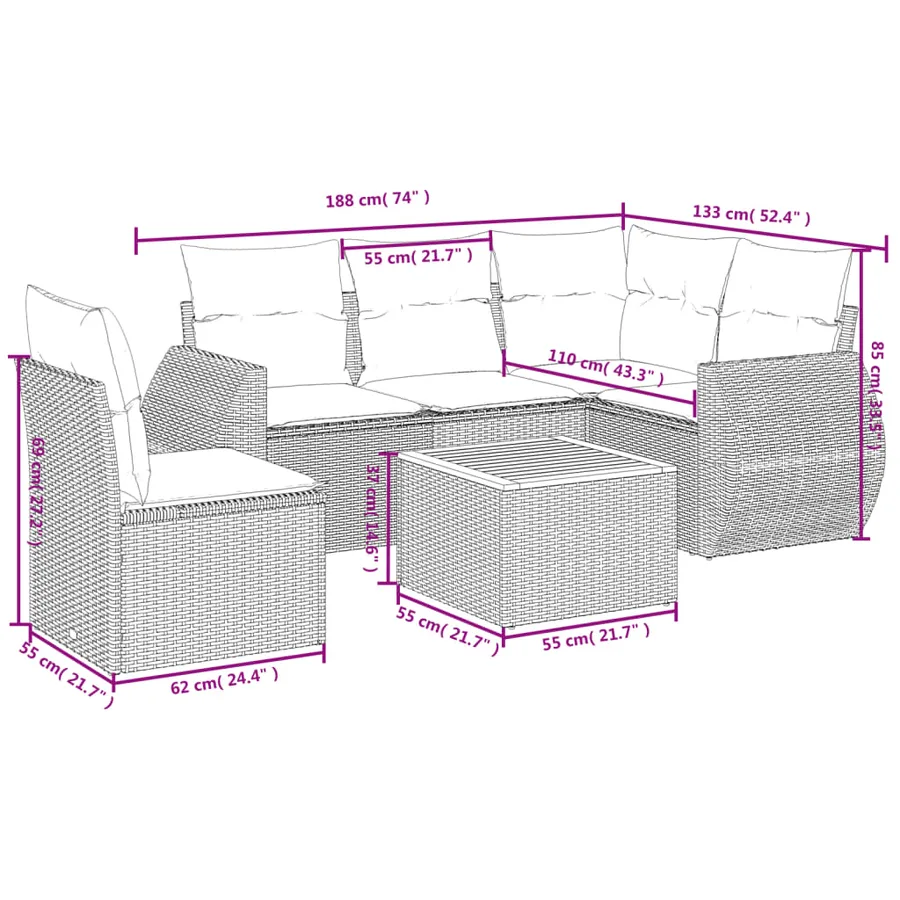 Ensemble de canapé de jardin 6 pcs avec coussins gris résine tressée - 8