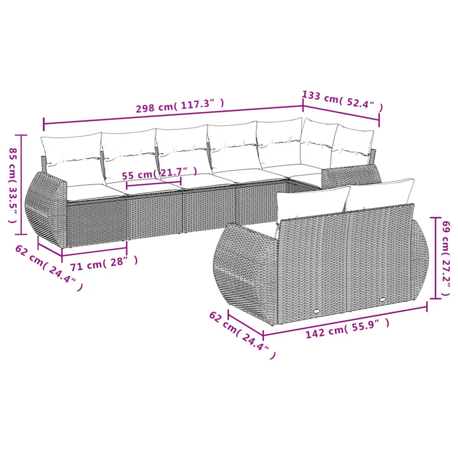 Ensemble de canapé de jardin 8 pcs avec coussins gris résine tressée - 7