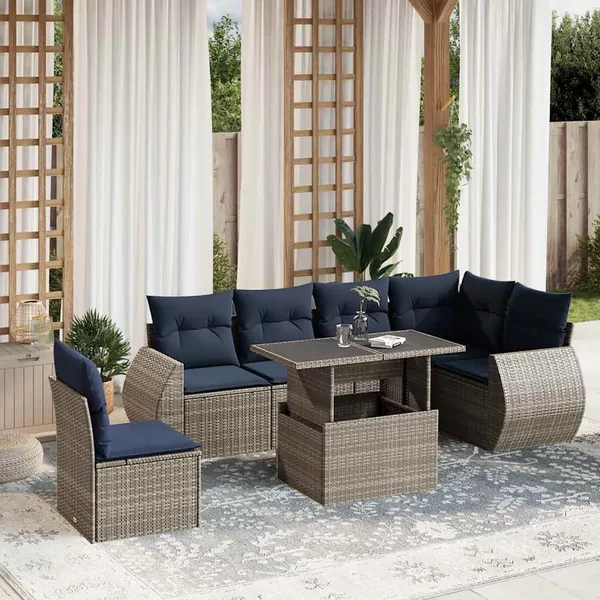 Ensemble de canapé de jardin 7 pcs avec coussins gris résine tressée