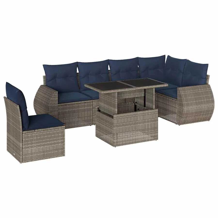 Ensemble de canapé de jardin 7 pcs avec coussins gris résine tressée - 2