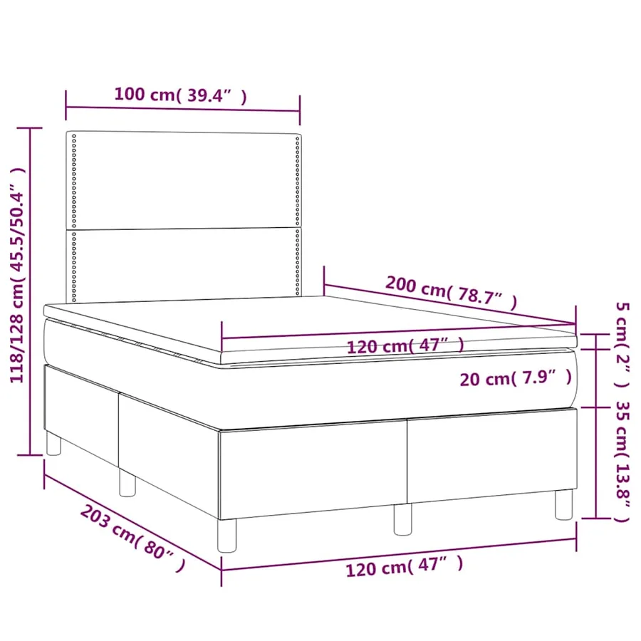 Sommier à lattes de lit et matelas et LED Noir 120x200 cm Tissu - 8