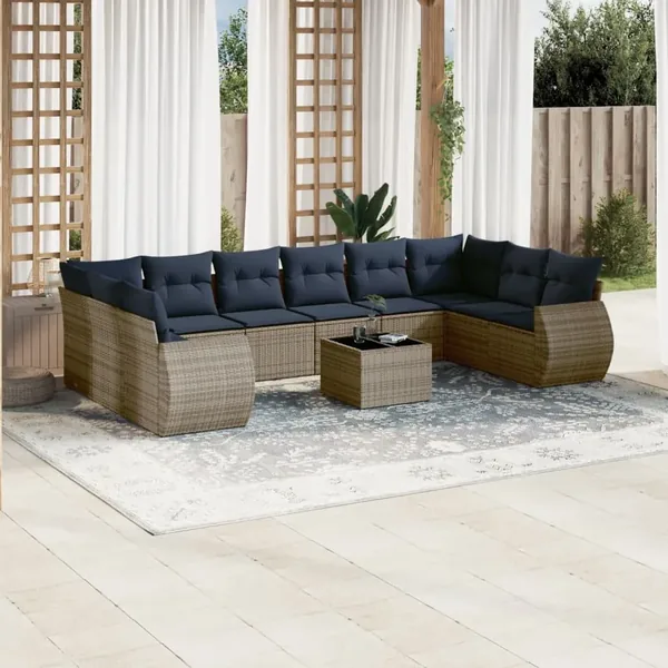 Ensemble de canapé de jardin 11 pcs avec coussins gris résine tressée