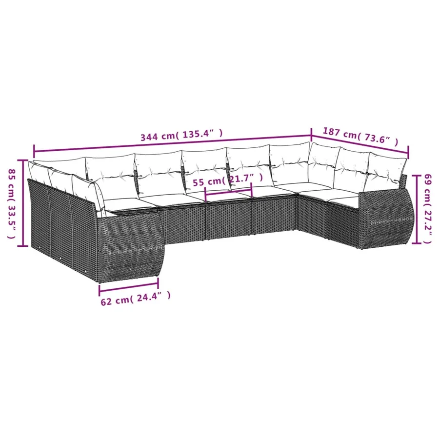 Ensemble de canapé de jardin 11 pcs avec coussins gris résine tressée - 8