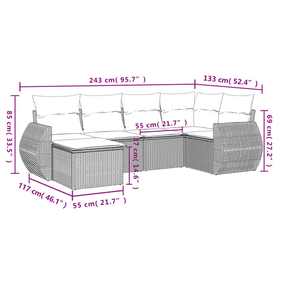 Ensemble de canapé de jardin 6 pcs avec coussins gris résine tressée - 8