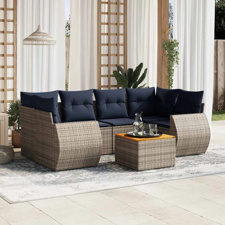 Ensemble de canapé de jardin 7 pcs avec coussins gris résine tressée
