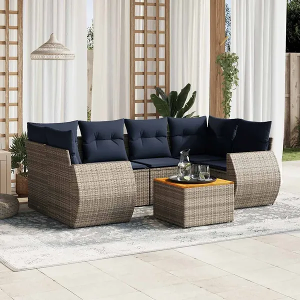 Ensemble de canapé de jardin 7 pcs avec coussins gris résine tressée