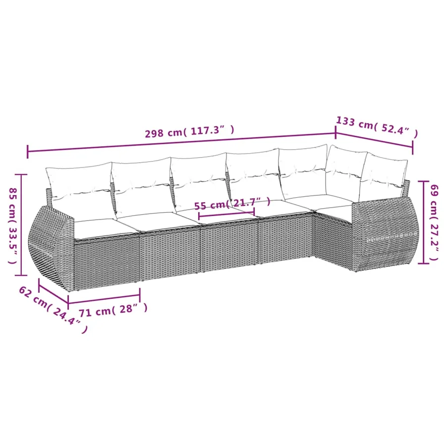 Ensemble de canapé de jardin 6 pcs avec coussins gris résine tressée - 7