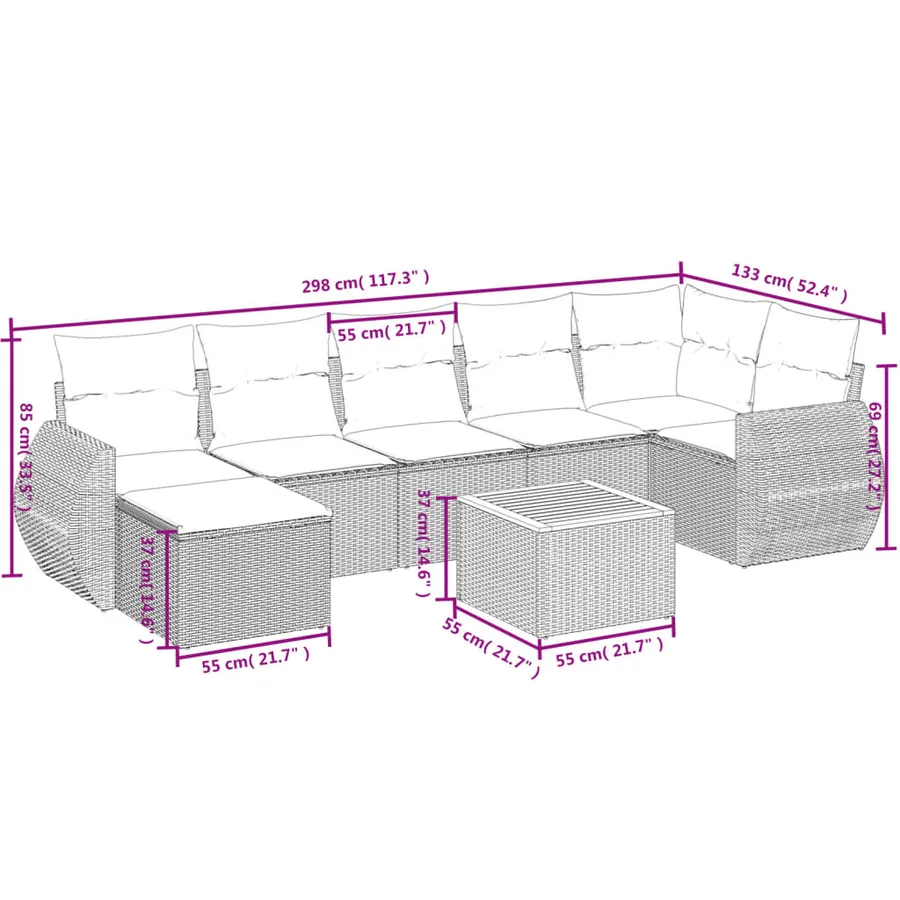 Ensemble de canapé de jardin 8 pcs avec coussins gris résine tressée - 9