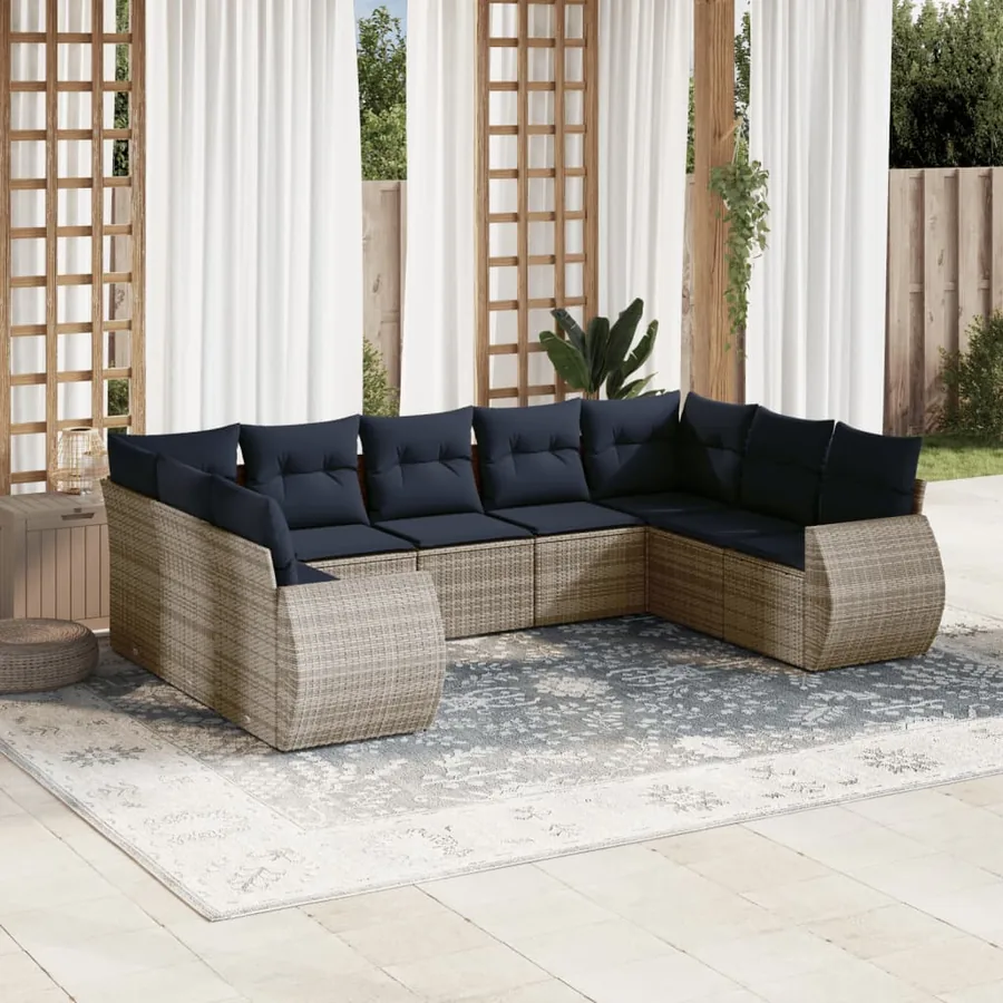 Ensemble de canapé de jardin 9 pcs avec coussins gris résine tressée