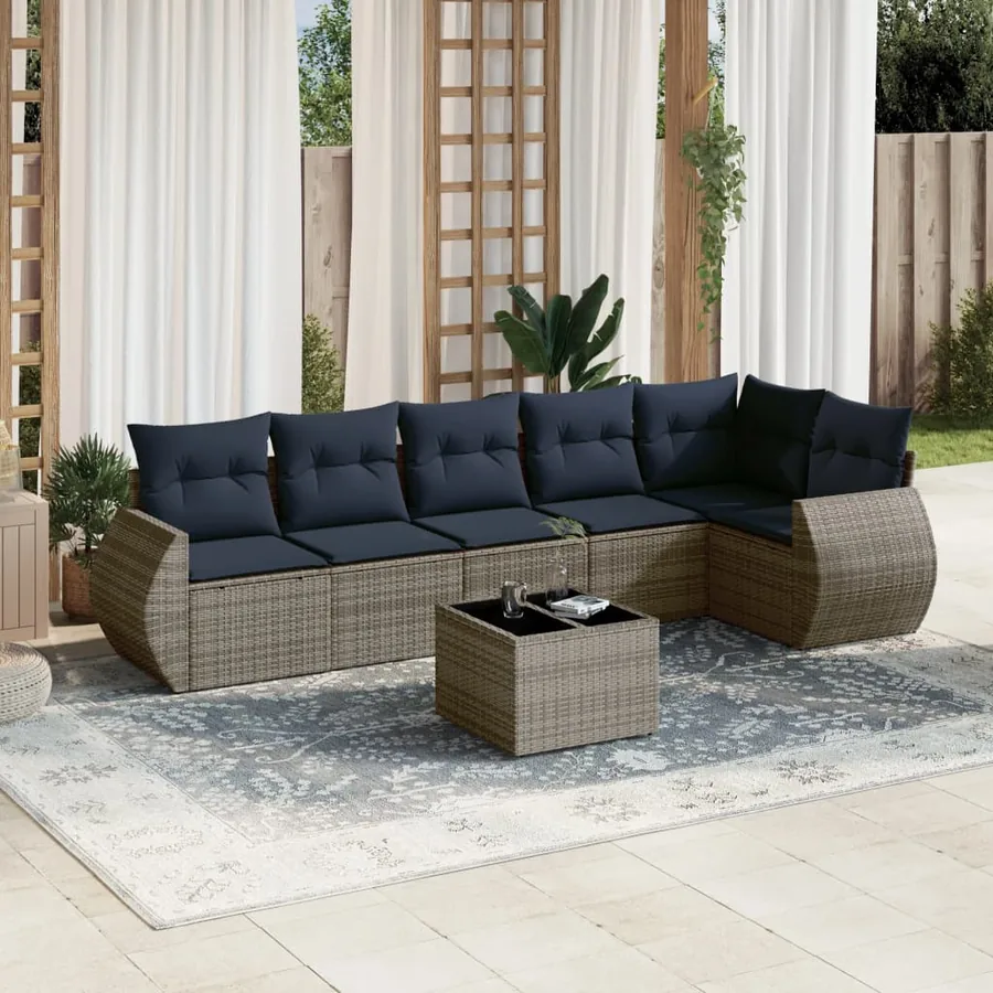 Ensemble de canapé de jardin 7 pcs avec coussins gris résine tressée