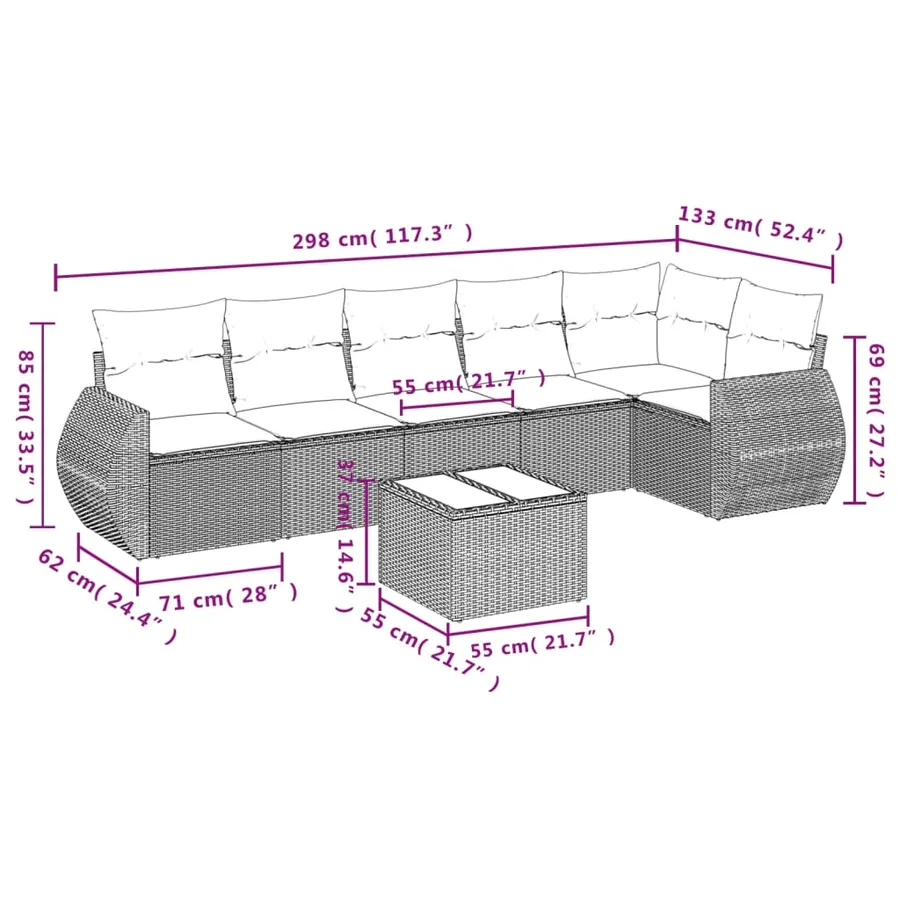 Ensemble de canapé de jardin 7 pcs avec coussins gris résine tressée - 8