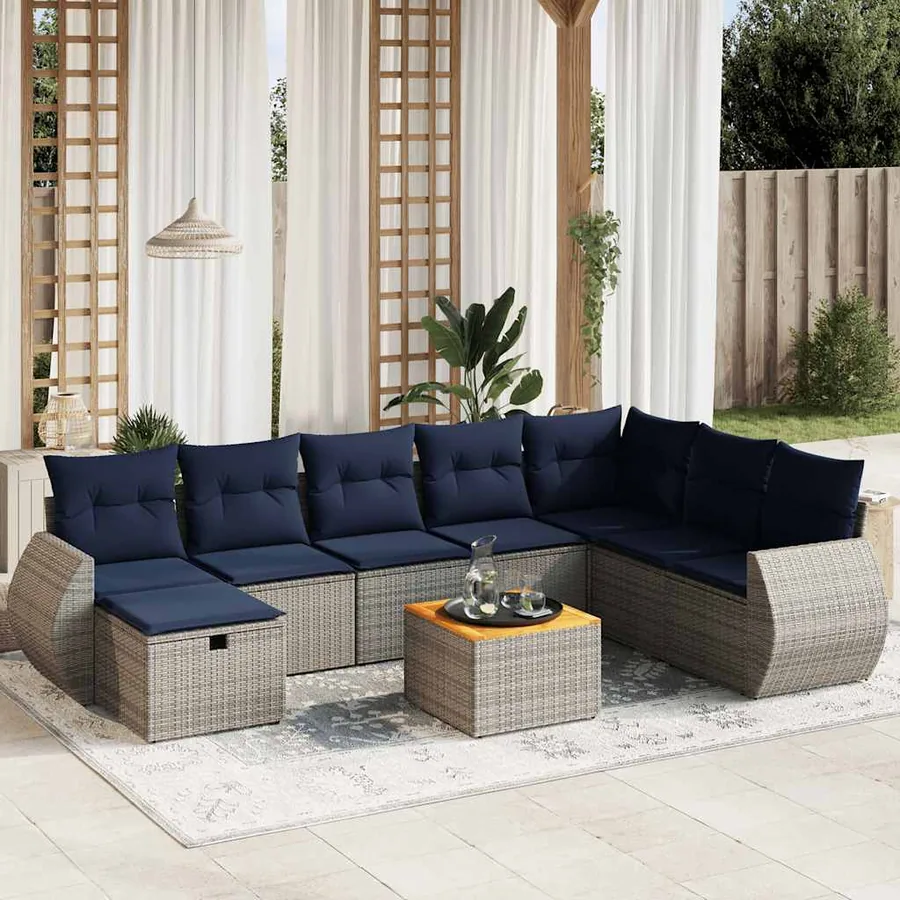 Ensemble de canapé de jardin 9 pcs avec coussins gris résine tressée
