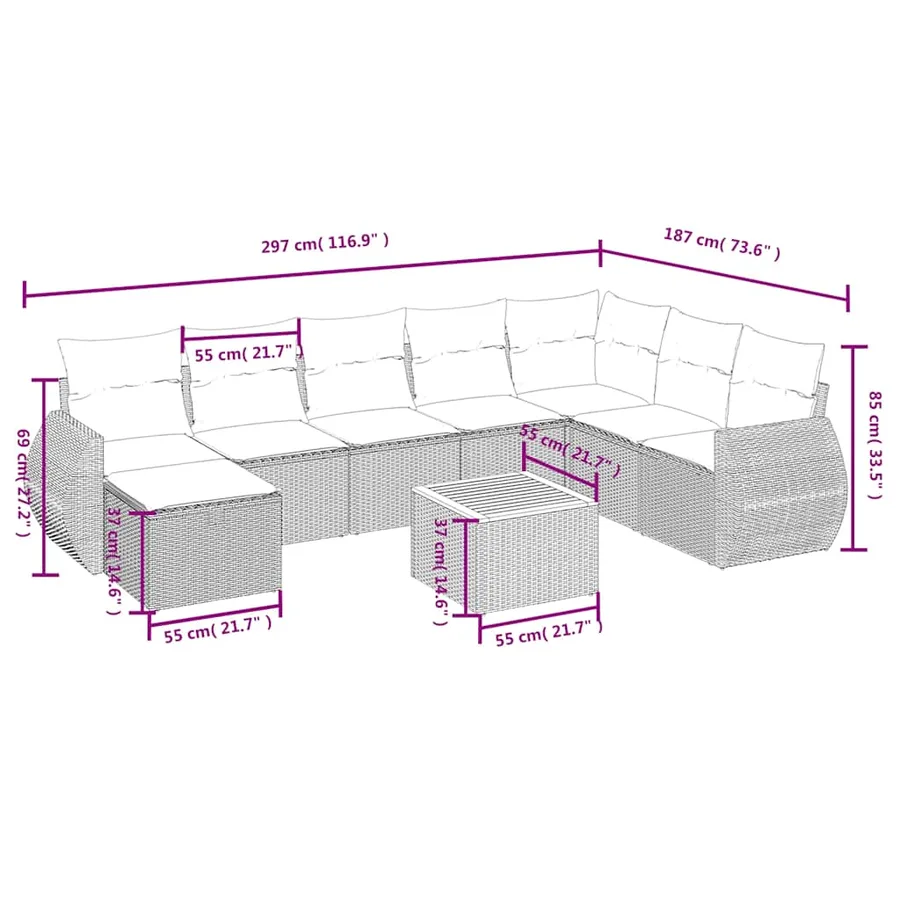 Ensemble de canapé de jardin 9 pcs avec coussins gris résine tressée - 4