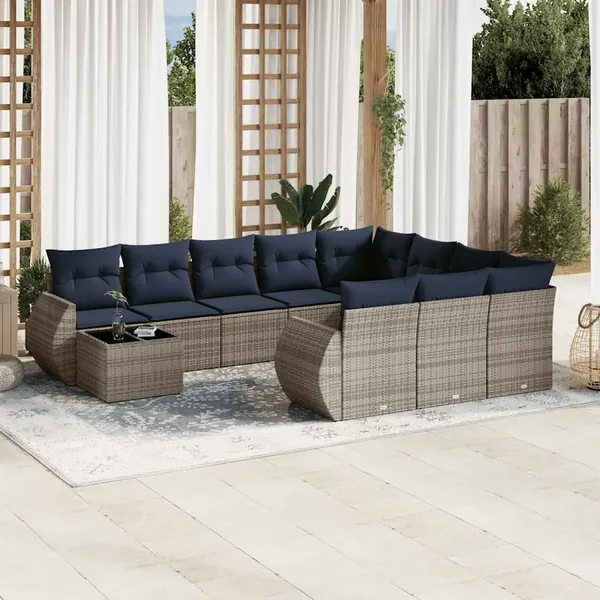 Ensemble de canapé de jardin 11 pcs avec coussins gris résine tressée