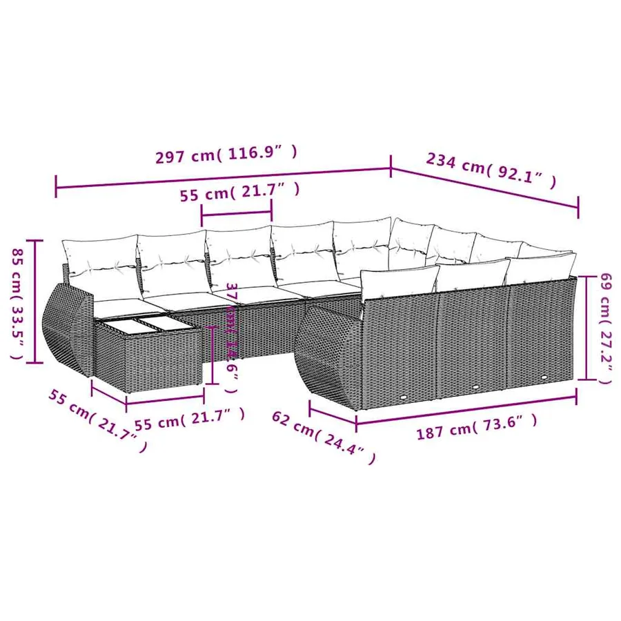 Ensemble de canapé de jardin 11 pcs avec coussins gris résine tressée - 8