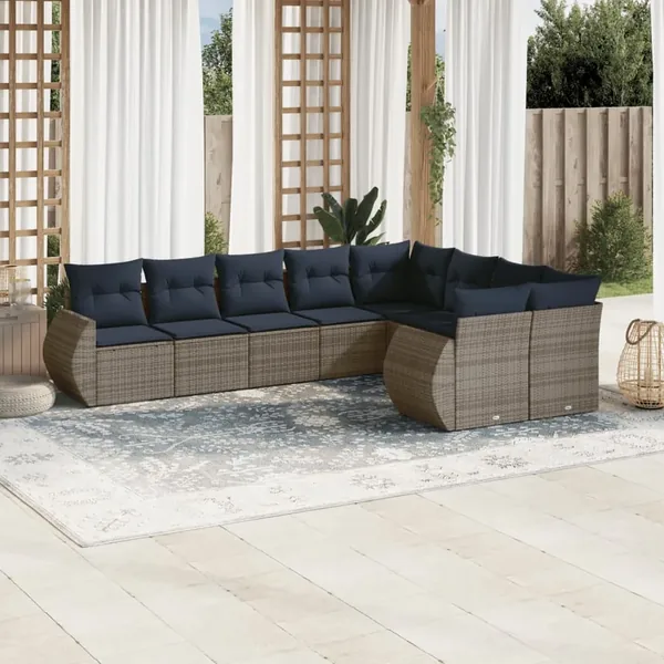 Ensemble de canapé de jardin 9 pcs avec coussins gris résine tressée