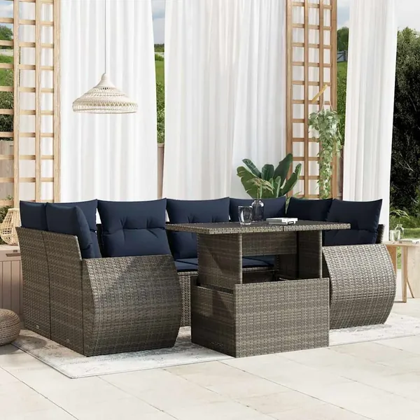 Ensemble de canapé de jardin 7 pcs avec coussins gris résine tressée