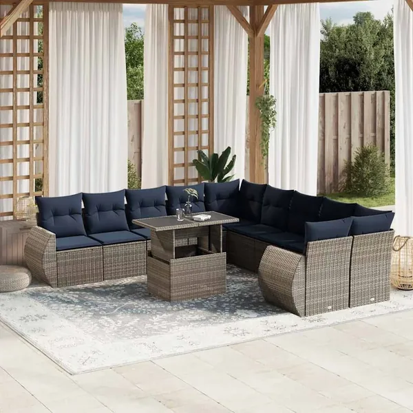 Ensemble de canapé de jardin 11 pcs avec coussins gris résine tressée