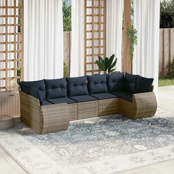 Ensemble de canapé de jardin 7 pcs avec coussins gris résine tressée