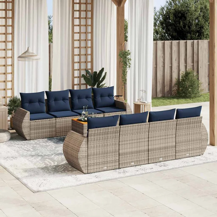 Ensemble de canapé de jardin 9 pcs avec coussins gris résine tressée
