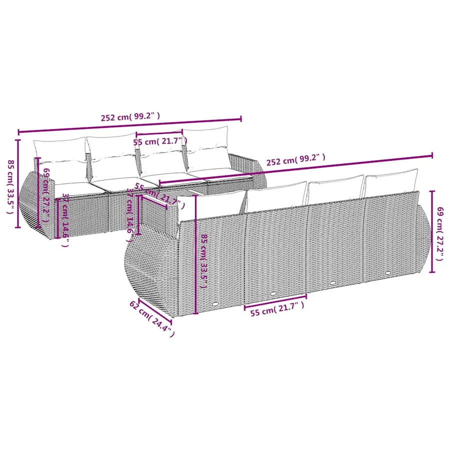 Ensemble de canapé de jardin 9 pcs avec coussins gris résine tressée - 8