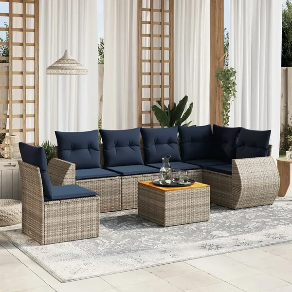 Ensemble de canapé de jardin 7 pcs avec coussins gris résine tressée