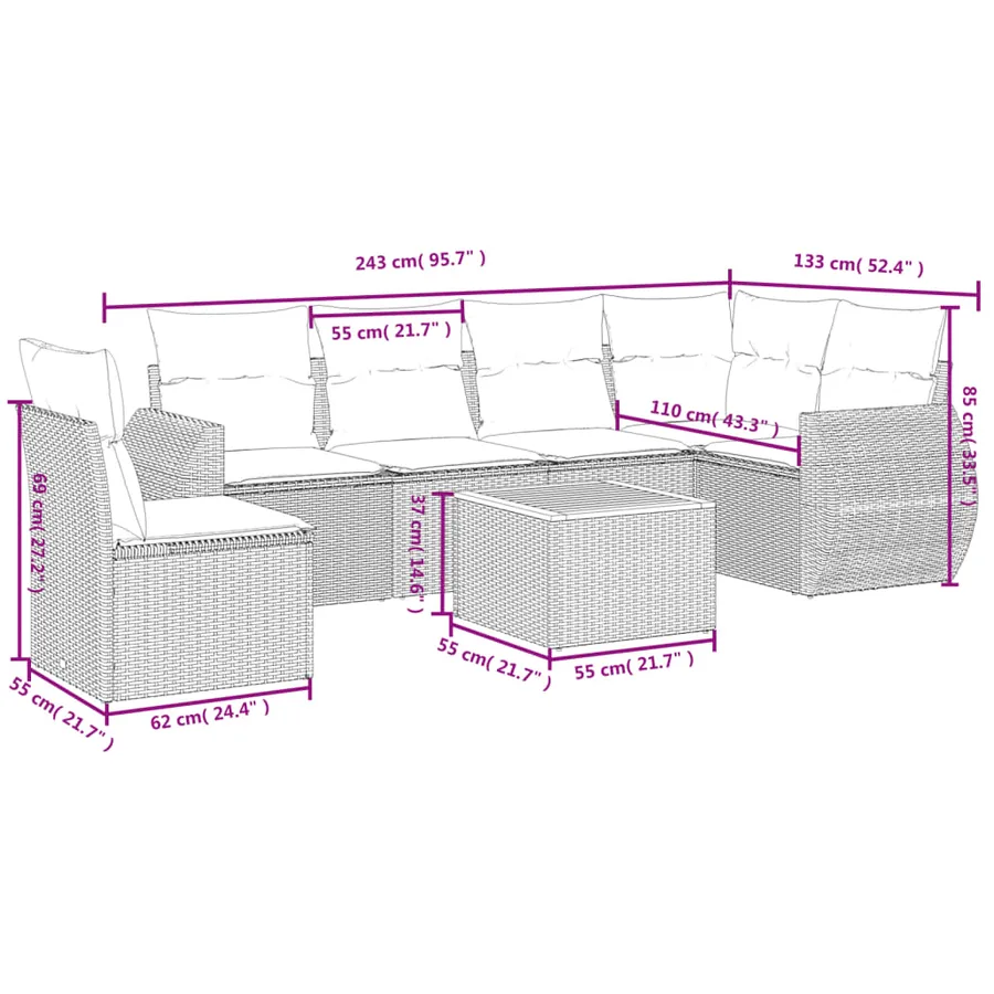 Ensemble de canapé de jardin 7 pcs avec coussins gris résine tressée - 8