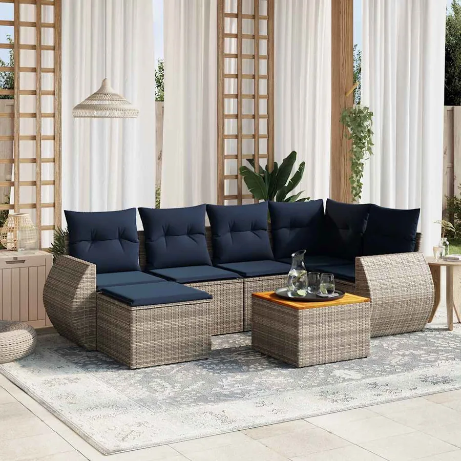 Ensemble de canapé de jardin 7 pcs avec coussins gris résine tressée