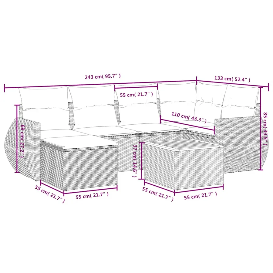 Ensemble de canapé de jardin 7 pcs avec coussins gris résine tressée - 9