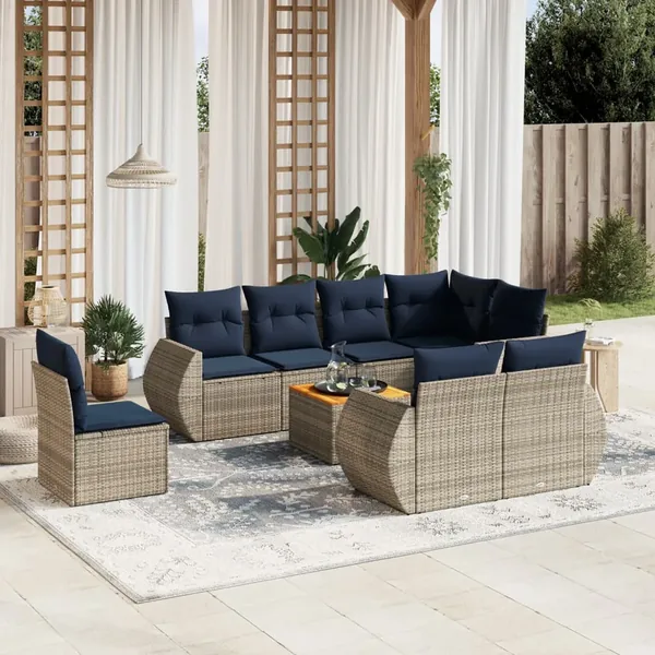 Ensemble de canapé de jardin 9 pcs avec coussins gris résine tressée