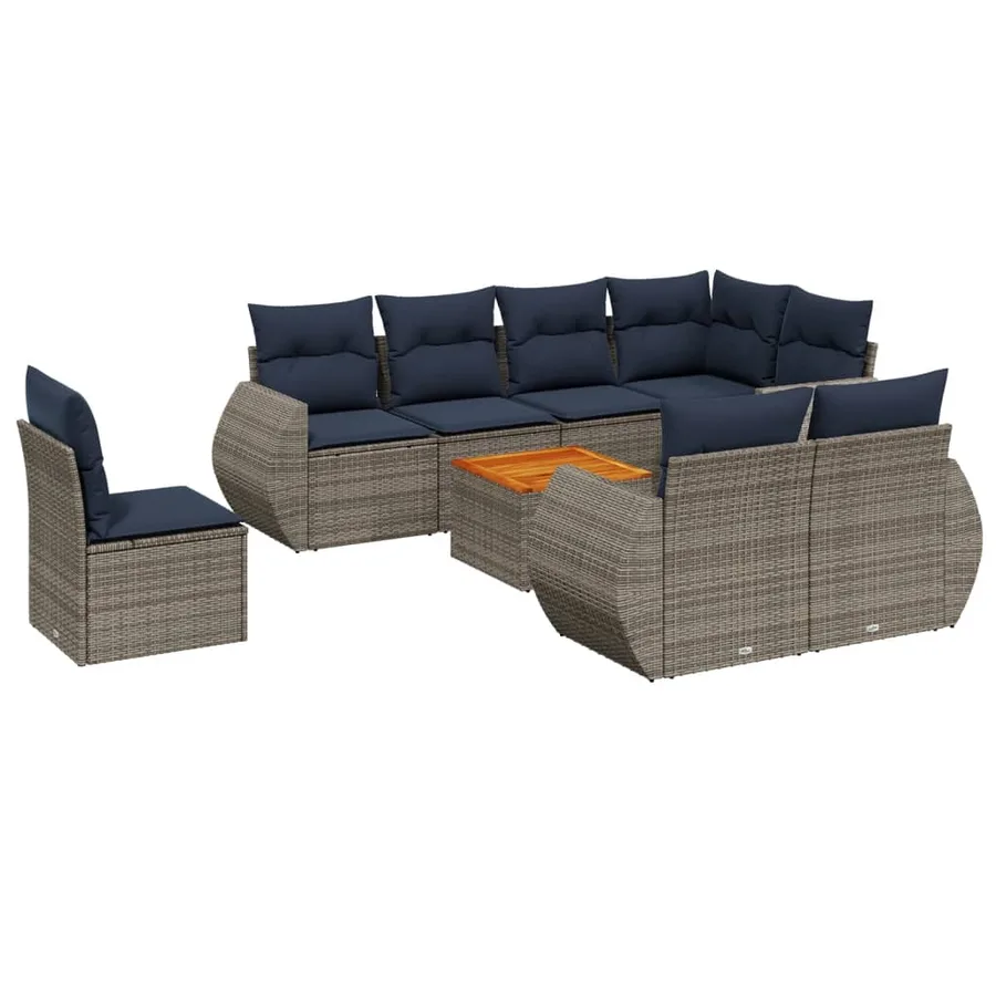 Ensemble de canapé de jardin 9 pcs avec coussins gris résine tressée - 2