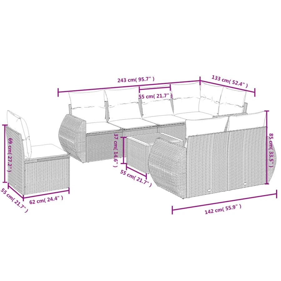 Ensemble de canapé de jardin 9 pcs avec coussins gris résine tressée - 8