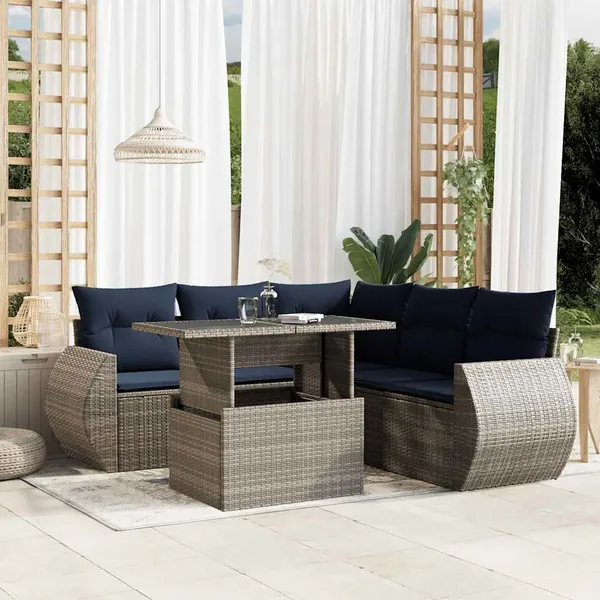 Ensemble de canapé de jardin 6 pcs avec coussins gris résine tressée