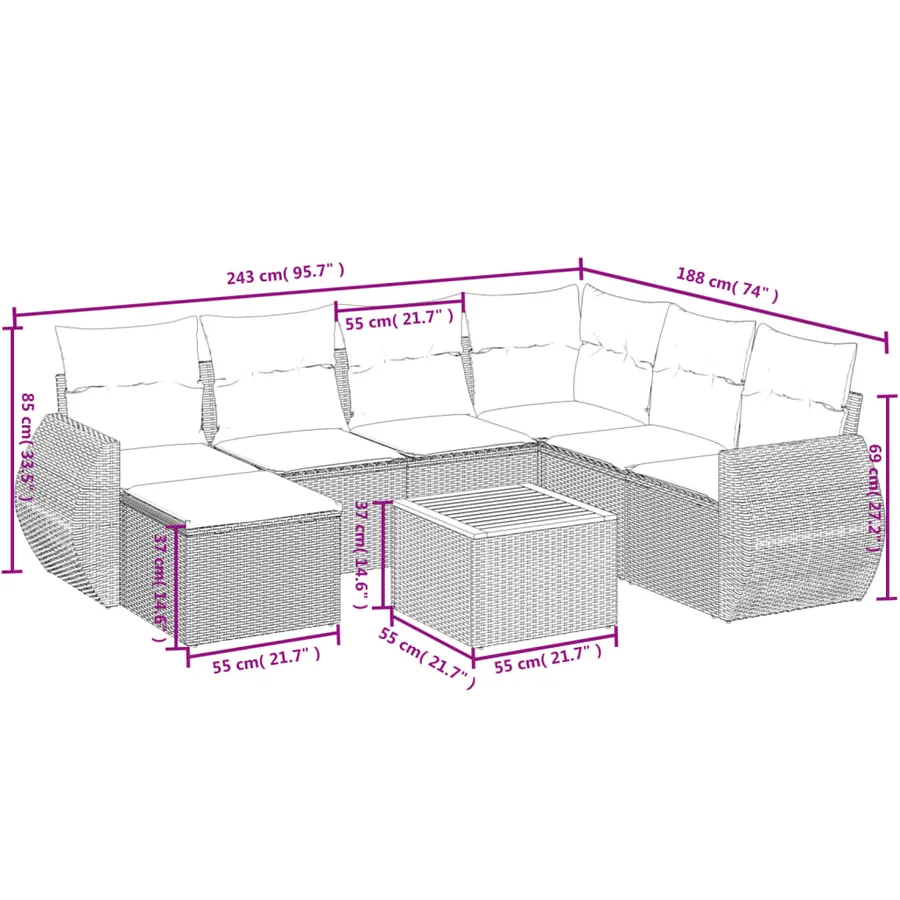 Ensemble de canapé de jardin 8 pcs avec coussins gris résine tressée - 9