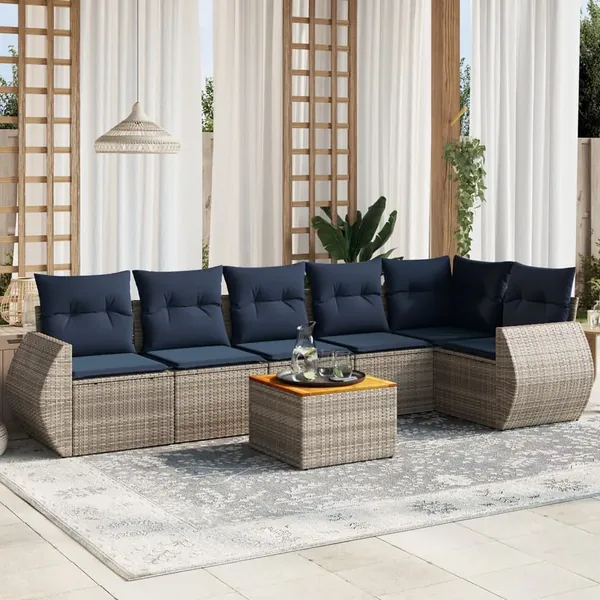 Ensemble de canapé de jardin 7 pcs avec coussins gris résine tressée