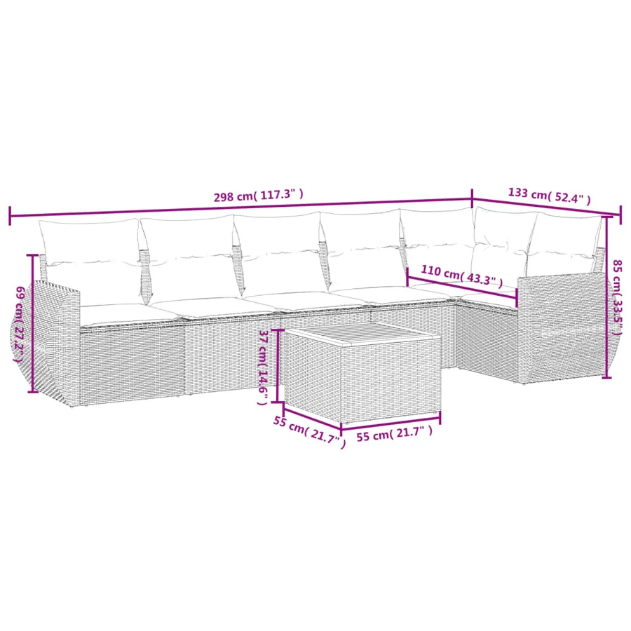 Ensemble de canapé de jardin 7 pcs avec coussins gris résine tressée - 8