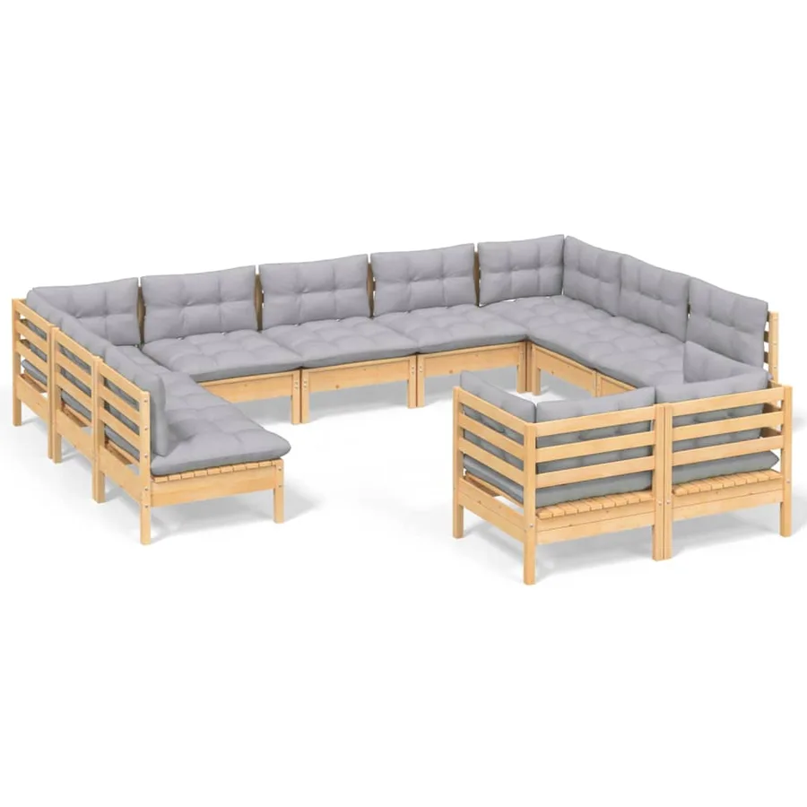 Salon de jardin 11 pcs avec coussins gris Bois de pin solide - 2