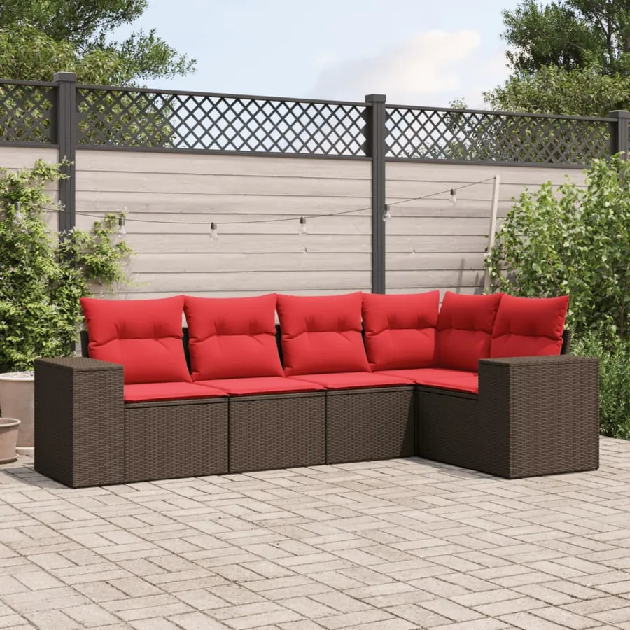 Ensemble de canapé de jardin 5 pcs avec coussins marron résine tressée