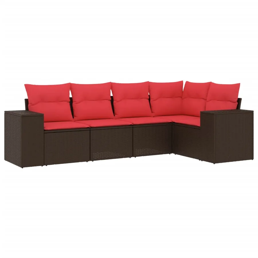 Ensemble de canapé de jardin 5 pcs avec coussins marron résine tressée - 2