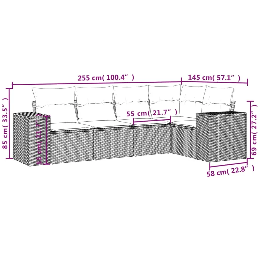 Ensemble de canapé de jardin 5 pcs avec coussins marron résine tressée - 7