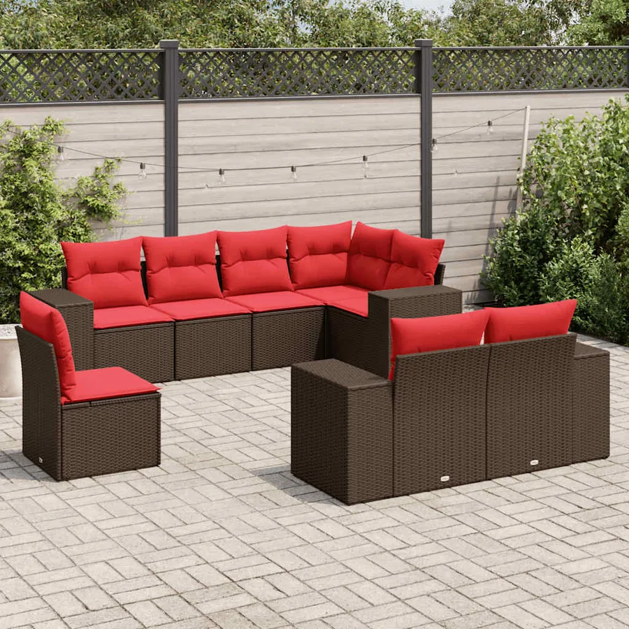 Ensemble de canapé de jardin 8 pcs avec coussins marron résine tressée