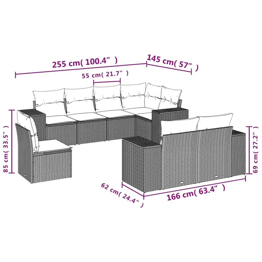 Ensemble de canapé de jardin 8 pcs avec coussins marron résine tressée - 7