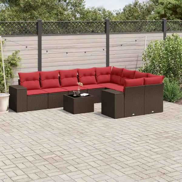 Ensemble de canapé de jardin 10 pcs avec coussins marron résine tressée
