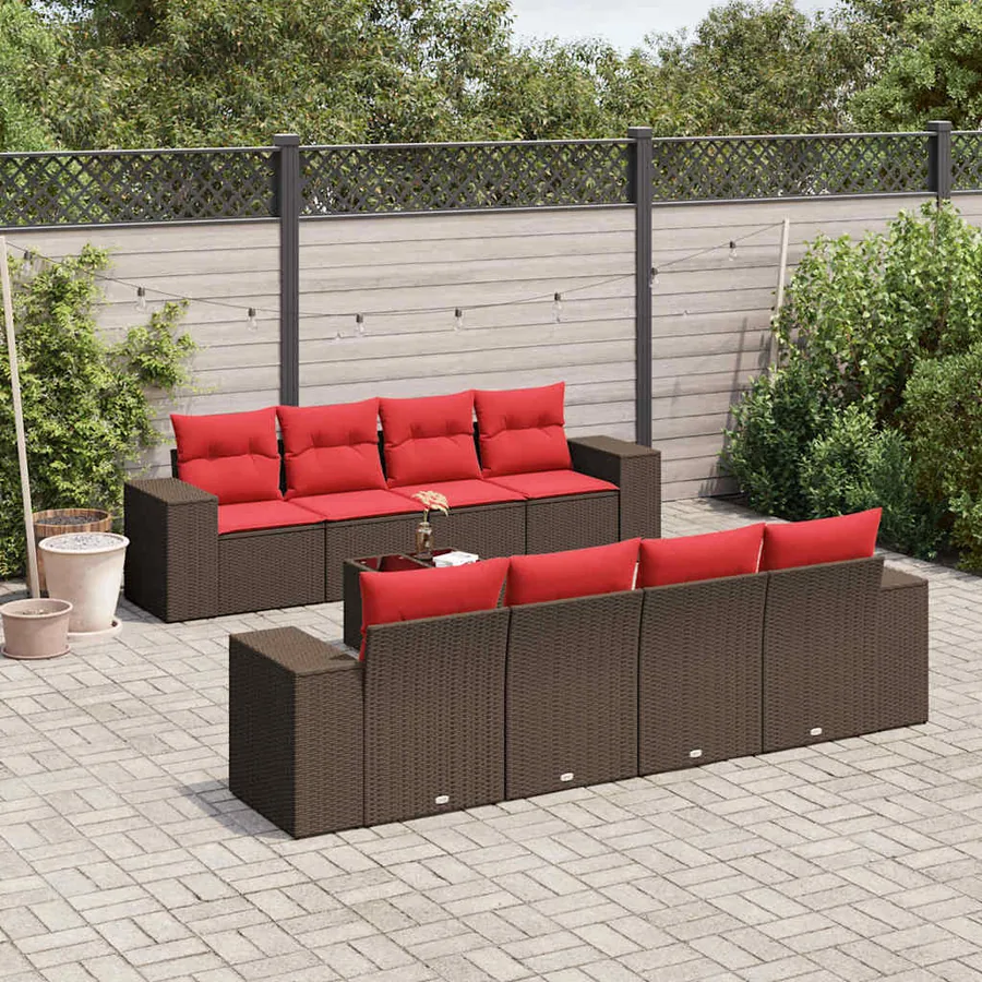 Ensemble de canapé de jardin 9 pcs avec coussins marron résine tressée