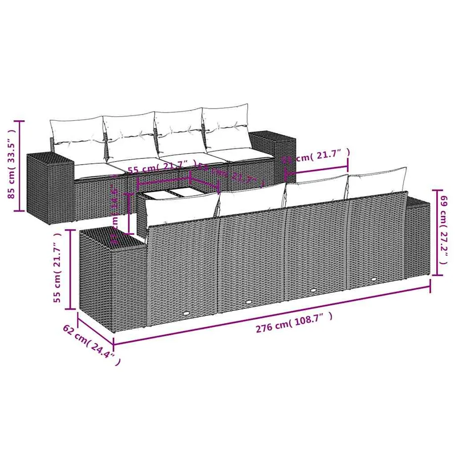Ensemble de canapé de jardin 9 pcs avec coussins marron résine tressée - 7