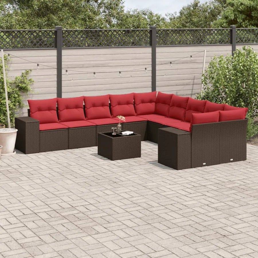 Ensemble de canapé de jardin 11 pcs avec coussins marron résine tressée