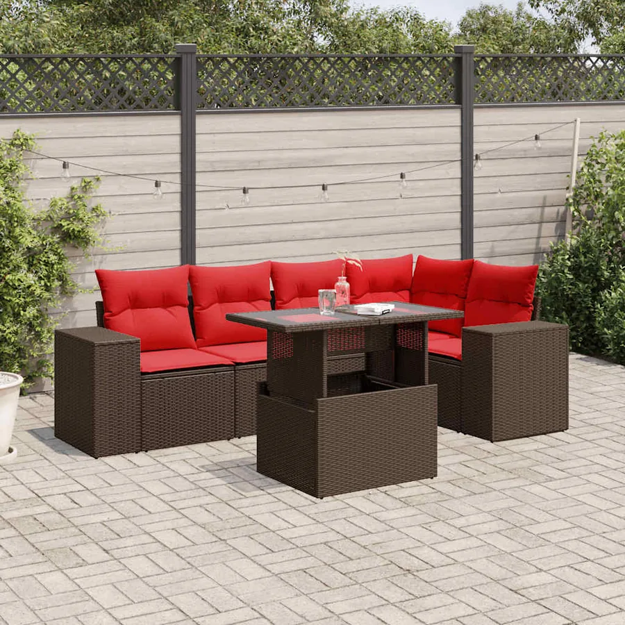 Ensemble de canapé de jardin 6 pcs avec coussins marron résine tressée