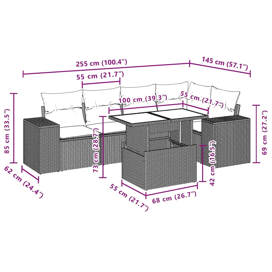 Ensemble de canapé de jardin 6 pcs avec coussins marron résine tressée - 10
