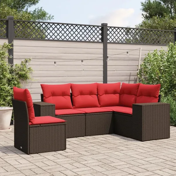 Ensemble de canapé de jardin 5 pcs avec coussins marron résine tressée